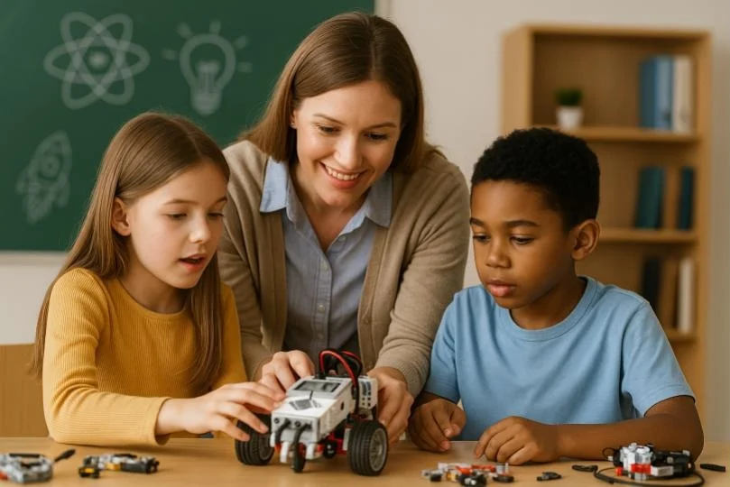 Teacher with 2 students in a STEM class with robots