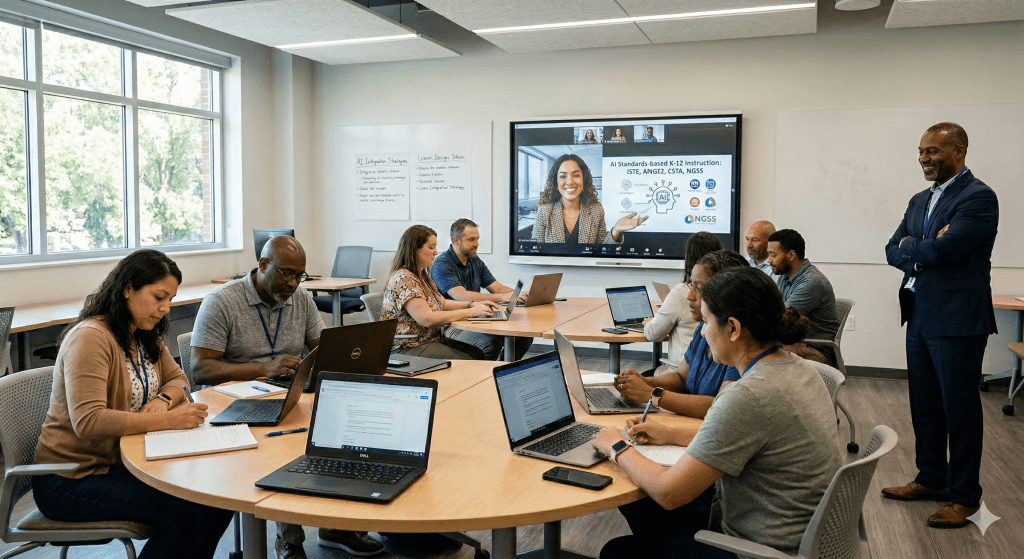 AI-PD-for-K-12_Gemini_Generated_Image_swxmlzswxmlzswxm Teachers participating in an AI professional development session