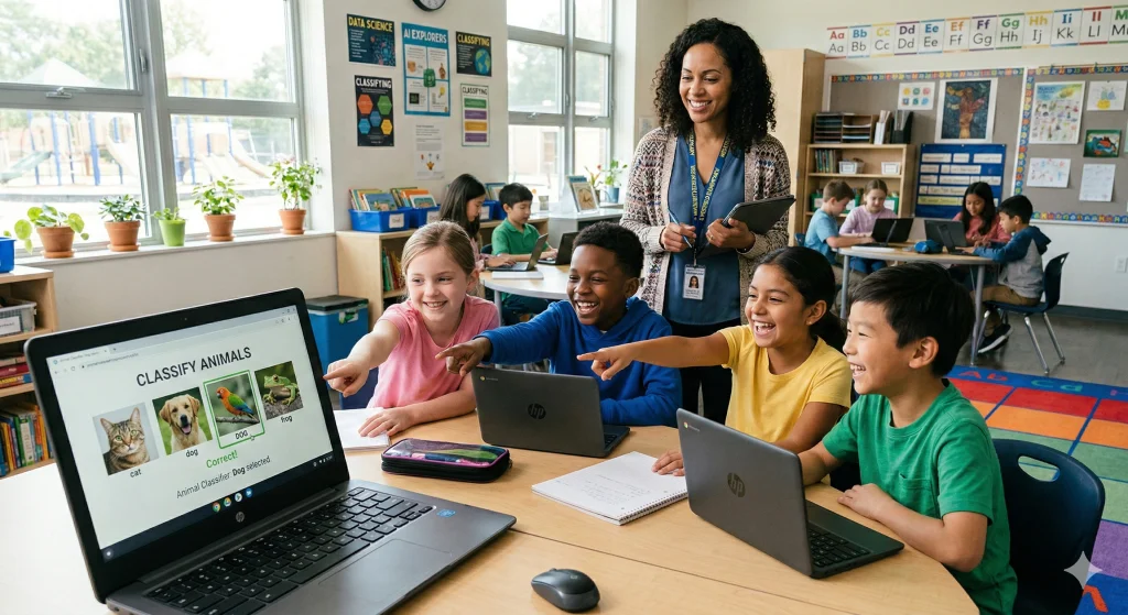 Upper elementary students using Chromebooks to train a simple image classifier with their teacher observing in the background