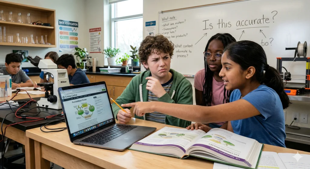 Middle school students comparing a chatbot response on a laptop screen with information in a printed textbook
