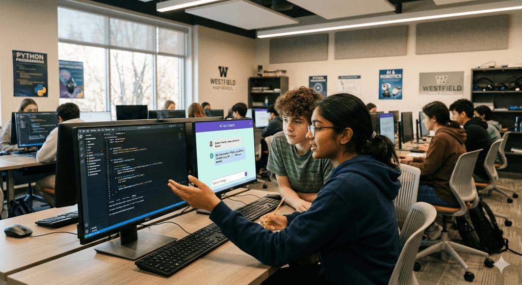 High school students working in pairs at computers writing Python code and building a chatbot in a modern computer lab