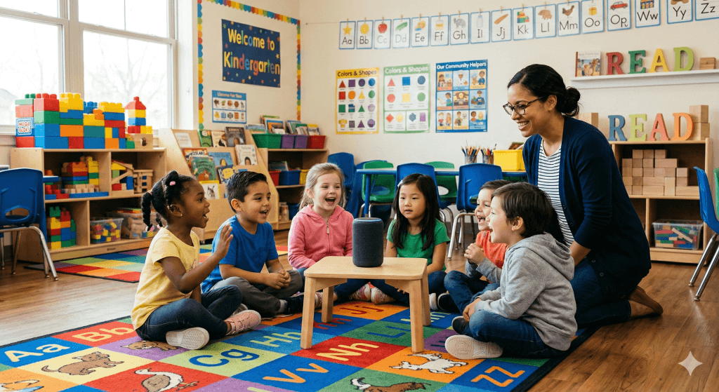 AI-in_K-2_Classroom_Gemini_Generated_Image_l06d74l06d74l06d oung kindergarten students sitting on a classroom carpet talking to a voice assistant while their teacher guides the activity