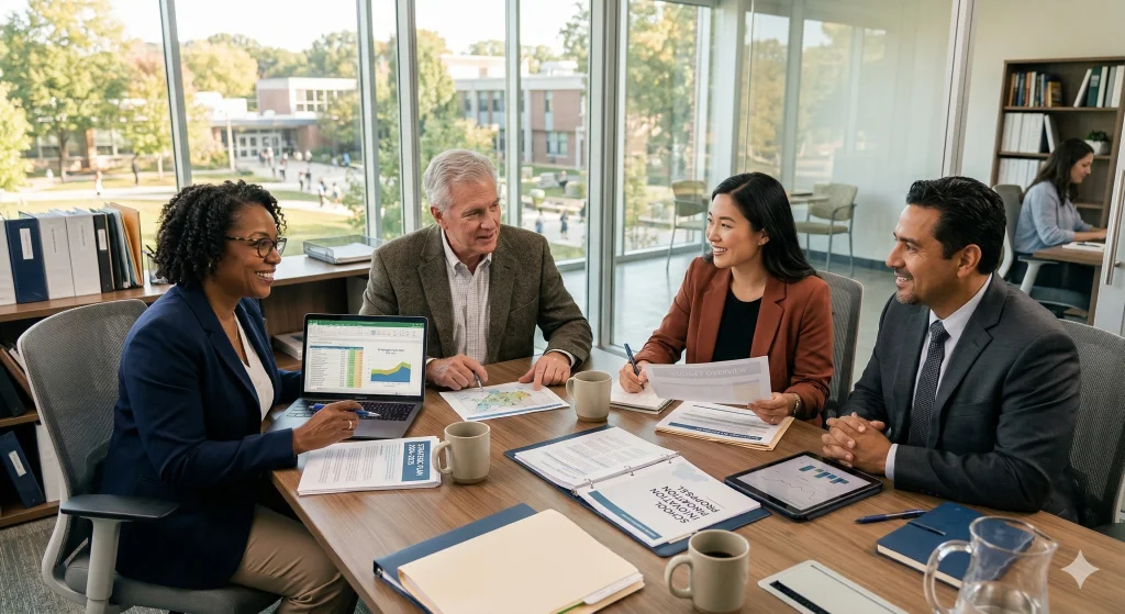 School district leaders collaborating on an AI policy for schools at a planning meeting