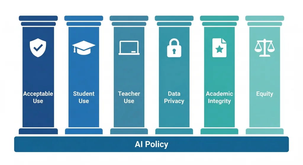 Infographic showing the six pillars of an AI policy for schools: acceptable use, student use, teacher use, data privacy, academic integrity, and equity