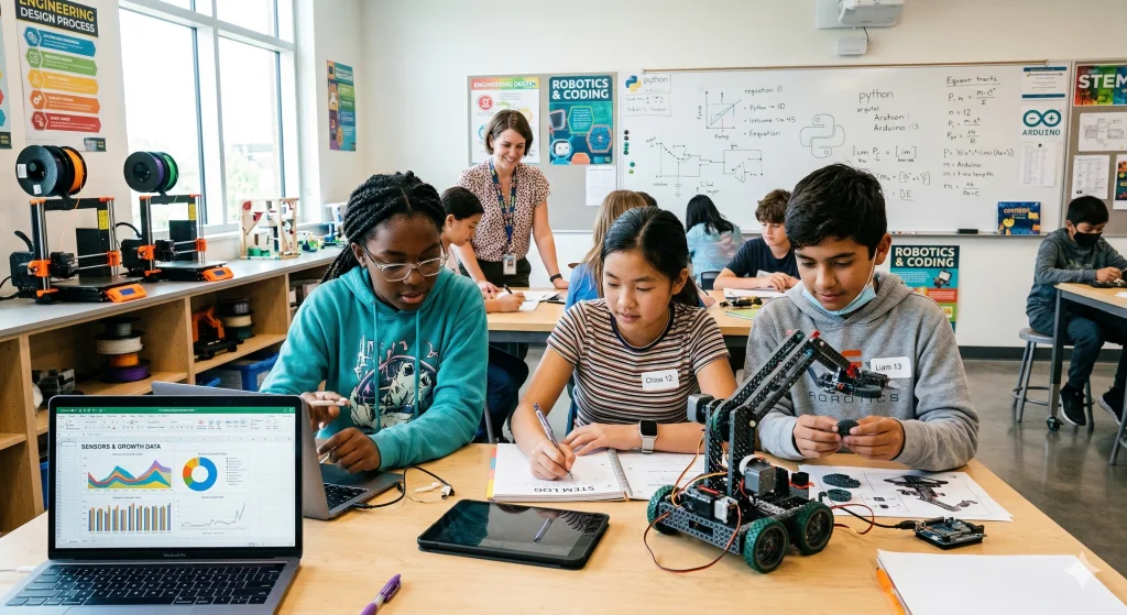 Middle school students using AI tools in a STEM classroom as part of a district AI and STEM initiative