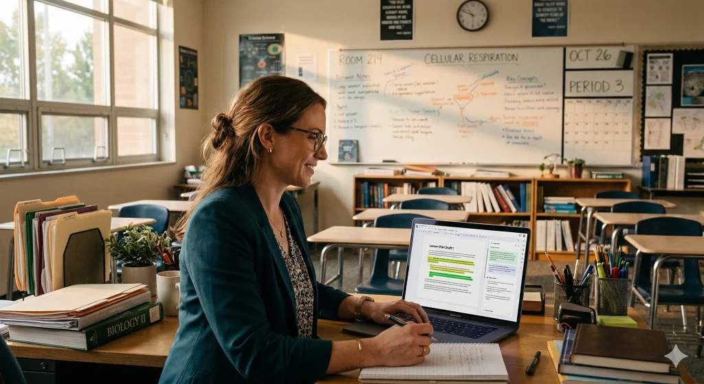 Teacher using AI tools for lesson planning and curriculum development in a K-12 classroom