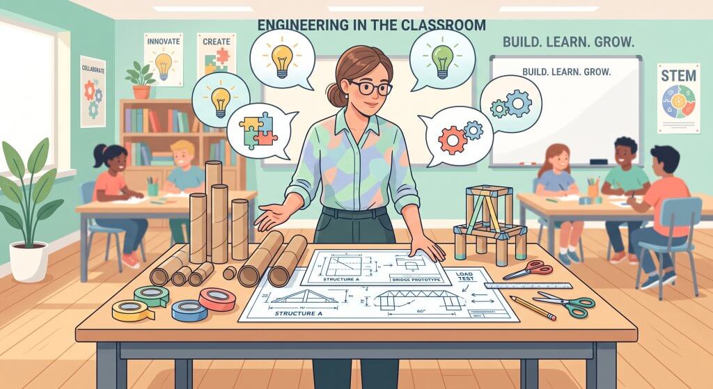 stem teacher with bridge building materials